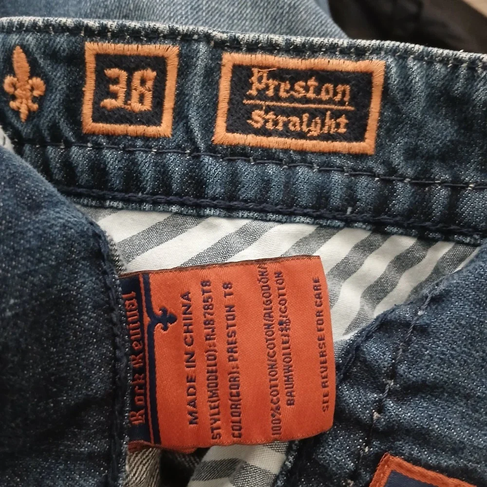 Rock Revival Preston Straight Jeans Mens 38x32 Blue Embroidered Pockets RJ8785T8